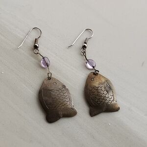 Bronze Fish Earrings with Purple Accents